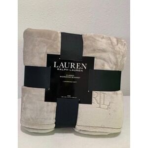 Lauren Ralph Lauren Classic Micromink Blanket King Beige Embroidered throw